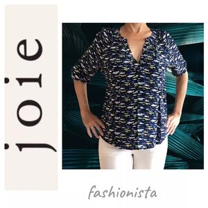 Joie Navy Fish Print Silk Blouse, Addie, Nautical Sz.XS